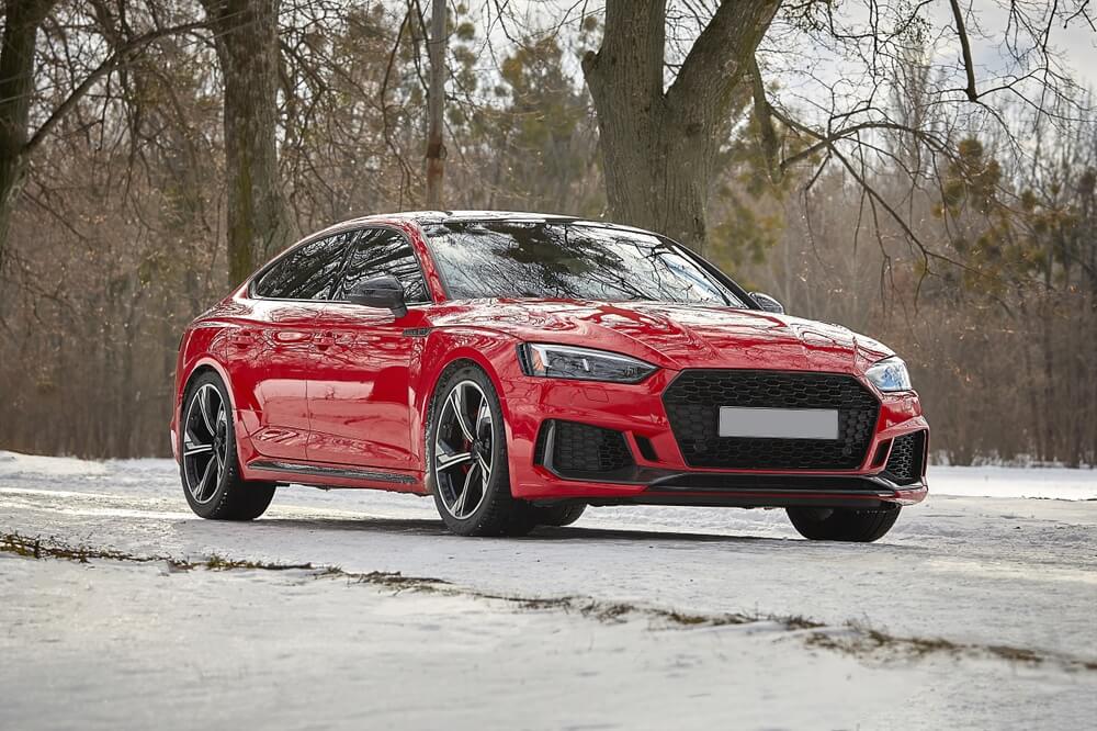 Modern red car in the winter forest background.